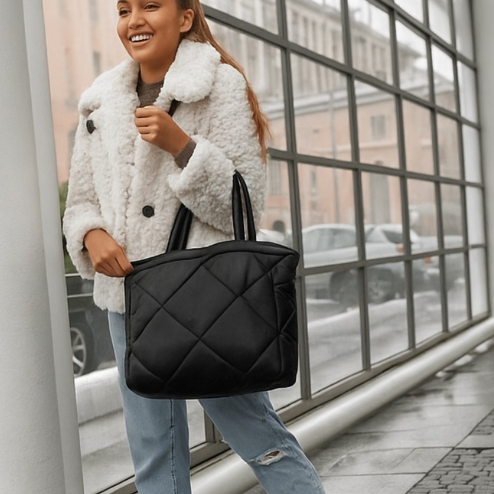 RINO & PELLE Puffer Faux Leather Quilted Shopper Tote Bag Black